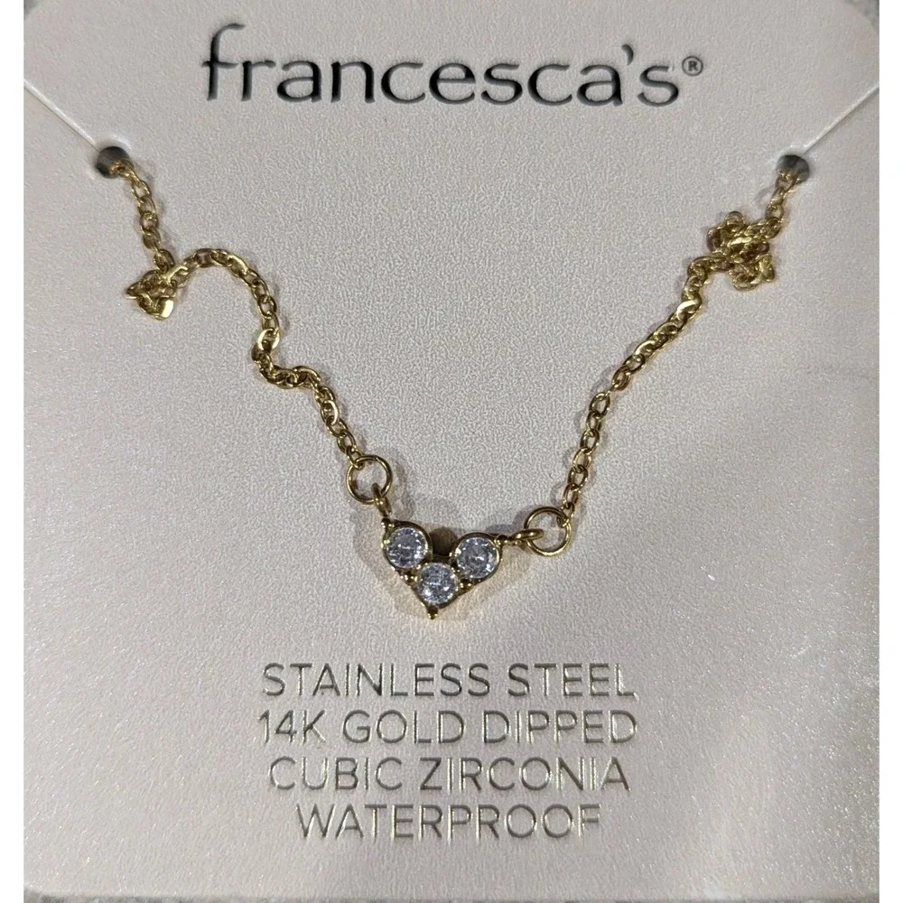 Francesca's Stainless Steel 14K Gold Dipped‎ Cubic Zirconia Three Stone Necklace